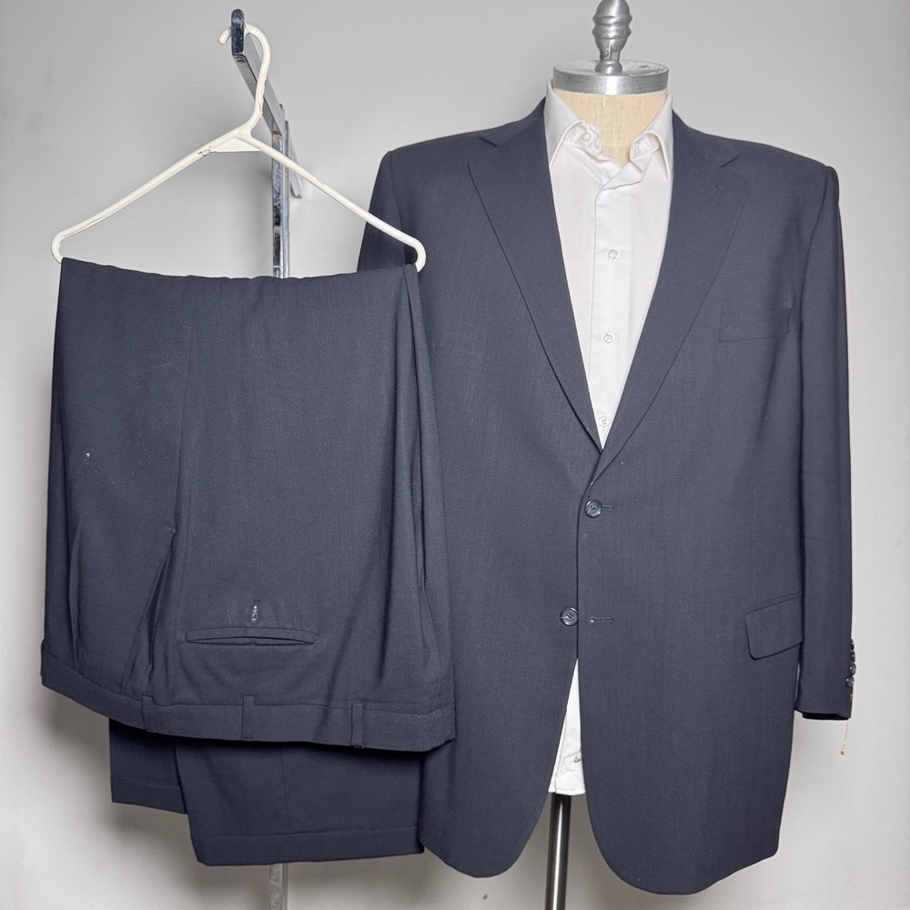 Pronto Uomo Suit Mens 52T W48 Navy Blue Solid Worsted Wool Comfort Stretch
